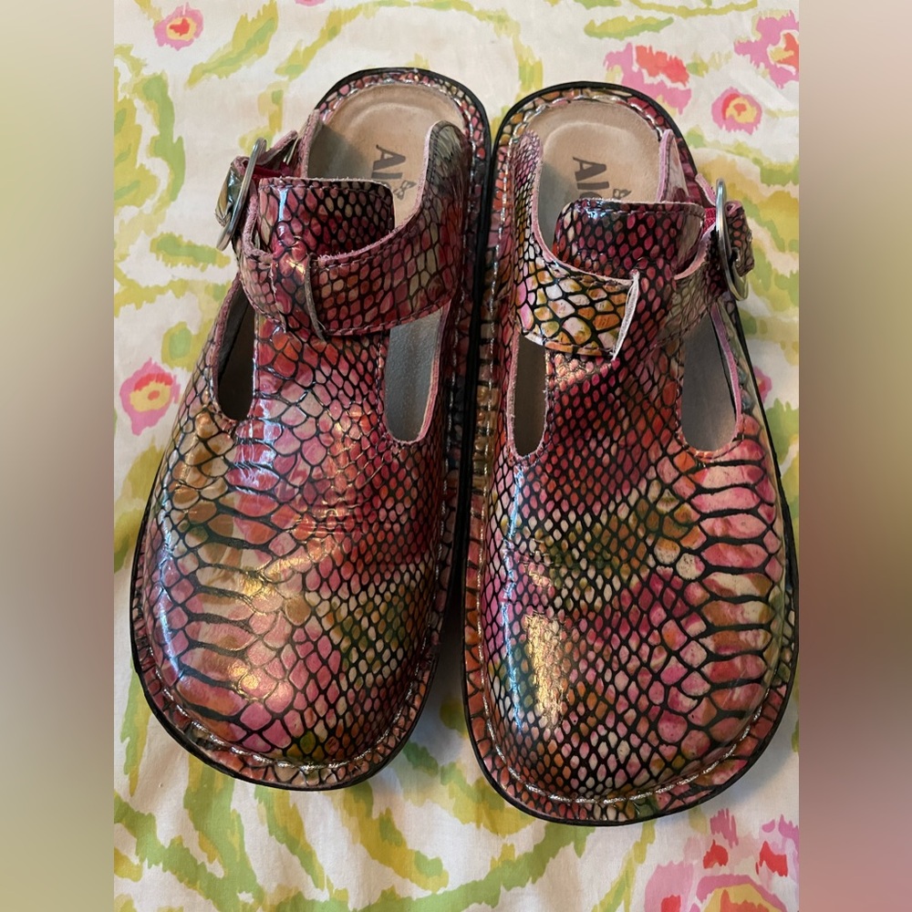 Women’s Alegria Classic Clog in rainbow snake print, SZ 36 (6.5), EUC.